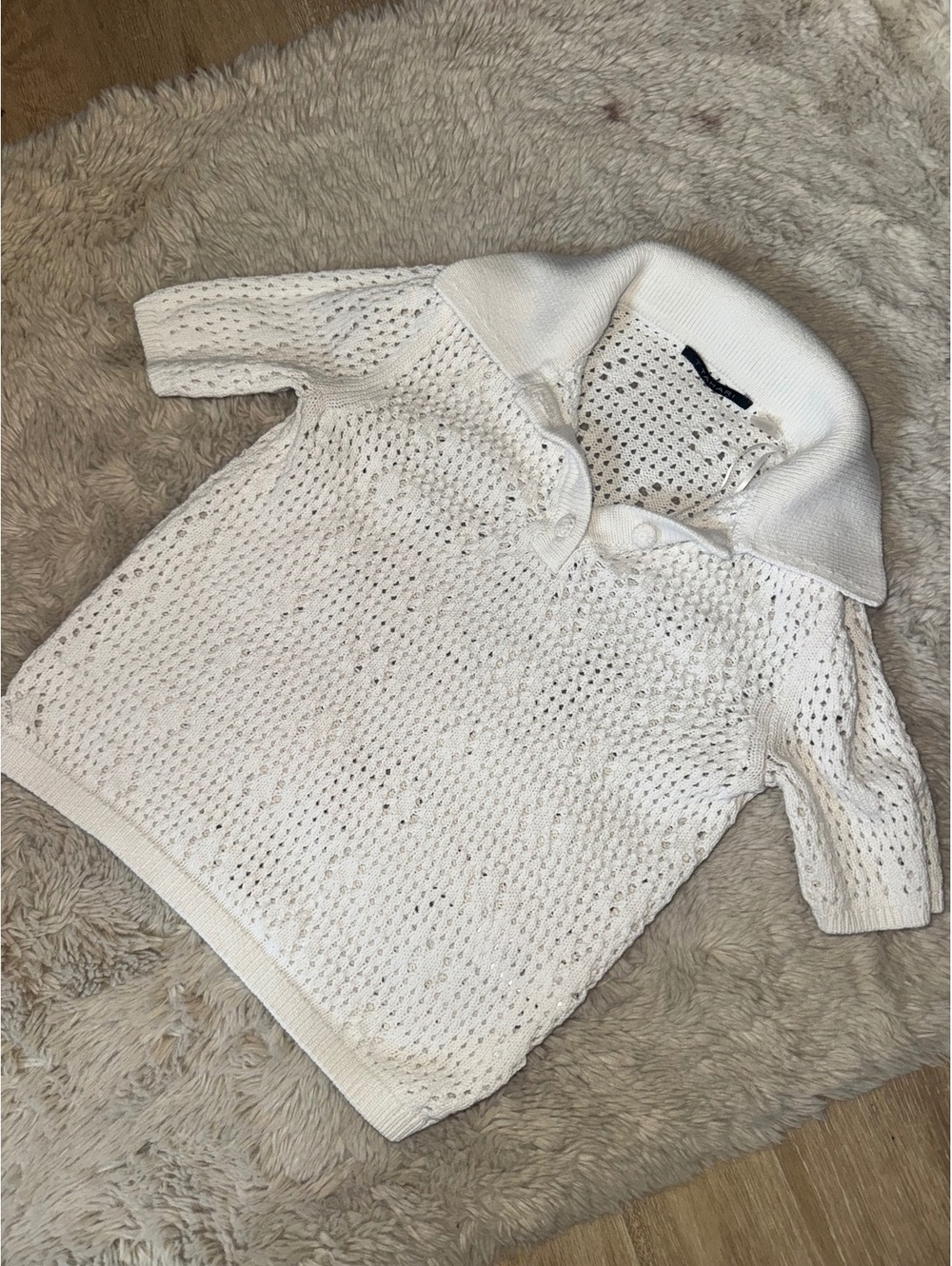 Tahari White Crochet Knit Polo Top XS 100% Cotton Coastal Grandma